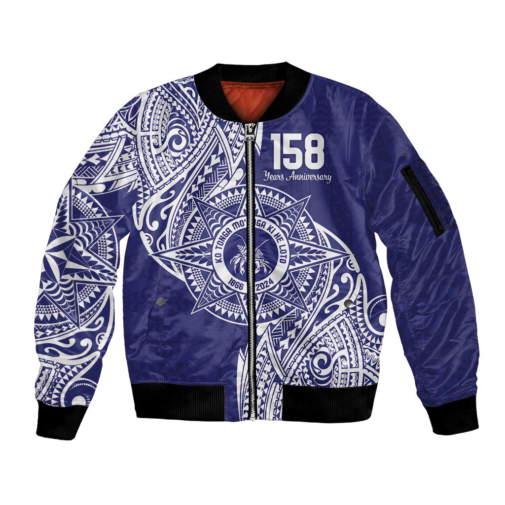 Personalised Tonga Tupou College Tolo 158th Anniversary Sleeve Zip Bomber Jacket Special Kupesi Pattern LT9 Unisex Blue - Polynesian Pride