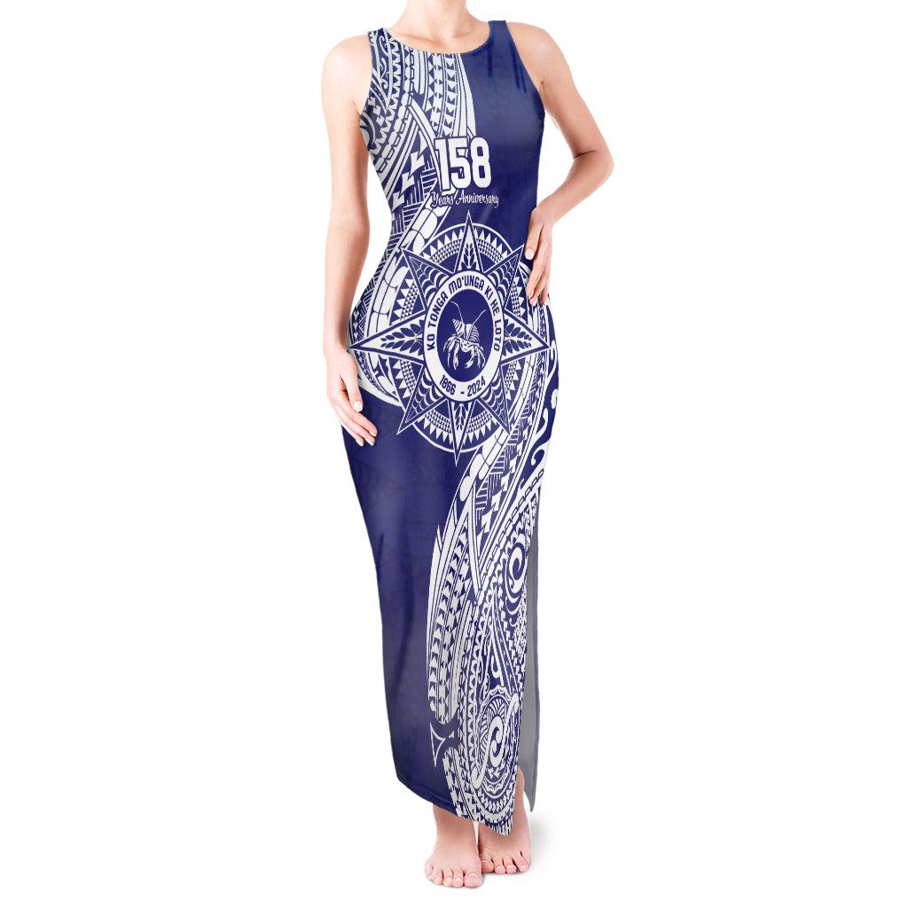 Personalised Tonga Tupou College Tolo 158th Anniversary Tank Maxi Dress Special Kupesi Pattern LT9 Women Blue - Polynesian Pride
