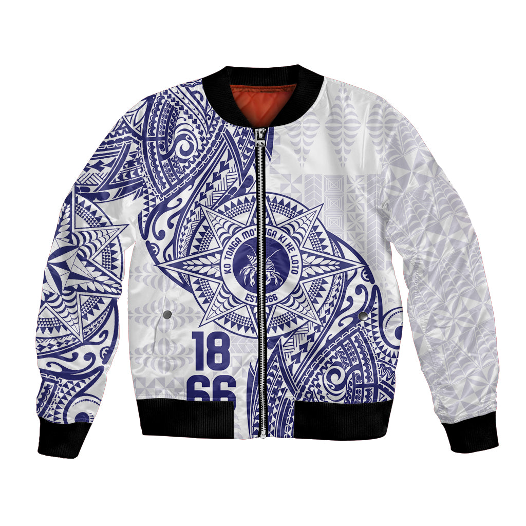 Personalised Tonga Tupou College Tolo Bomber Jacket Since 1866 Special Kupesi Pattern LT9 Unisex White - Polynesian Pride