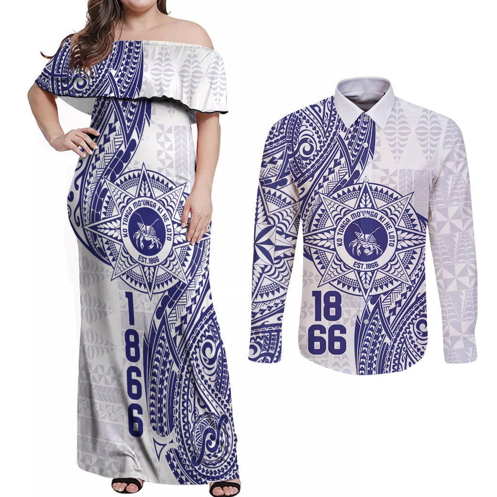 Personalised Tonga Tupou College Tolo Couples Matching Off Shoulder Maxi Dress and Long Sleeve Button Shirt Since 1866 Special Kupesi Pattern