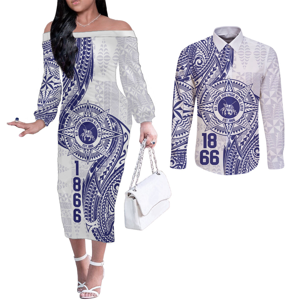 Personalised Tonga Tupou College Tolo Couples Matching Off The Shoulder Long Sleeve Dress and Long Sleeve Button Shirt Since 1866 Special Kupesi Pattern LT9 White - Polynesian Pride