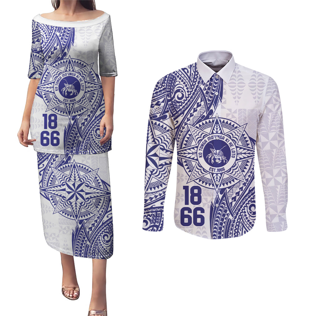 Personalised Tonga Tupou College Tolo Couples Matching Puletasi and Long Sleeve Button Shirt Since 1866 Special Kupesi Pattern LT9 White - Polynesian Pride