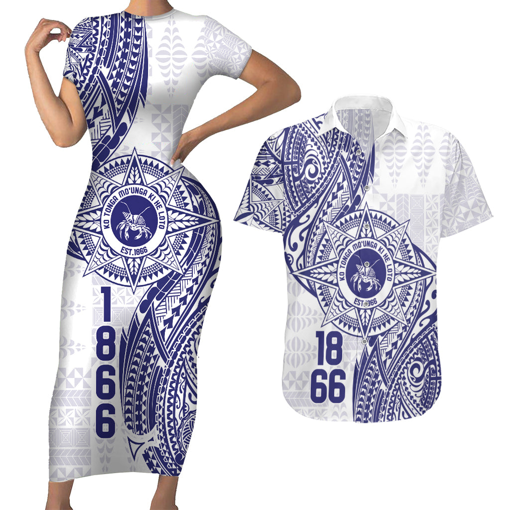 Personalised Tonga Tupou College Tolo Couples Matching Short Sleeve Bodycon Dress and Hawaiian Shirt Since 1866 Special Kupesi Pattern LT9 White - Polynesian Pride