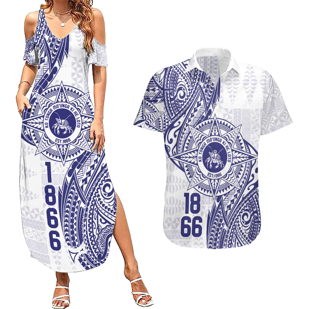 Personalised Tonga Tupou College Tolo Couples Matching Summer Maxi Dress and Hawaiian Shirt Since 1866 Special Kupesi Pattern LT9 White - Polynesian Pride