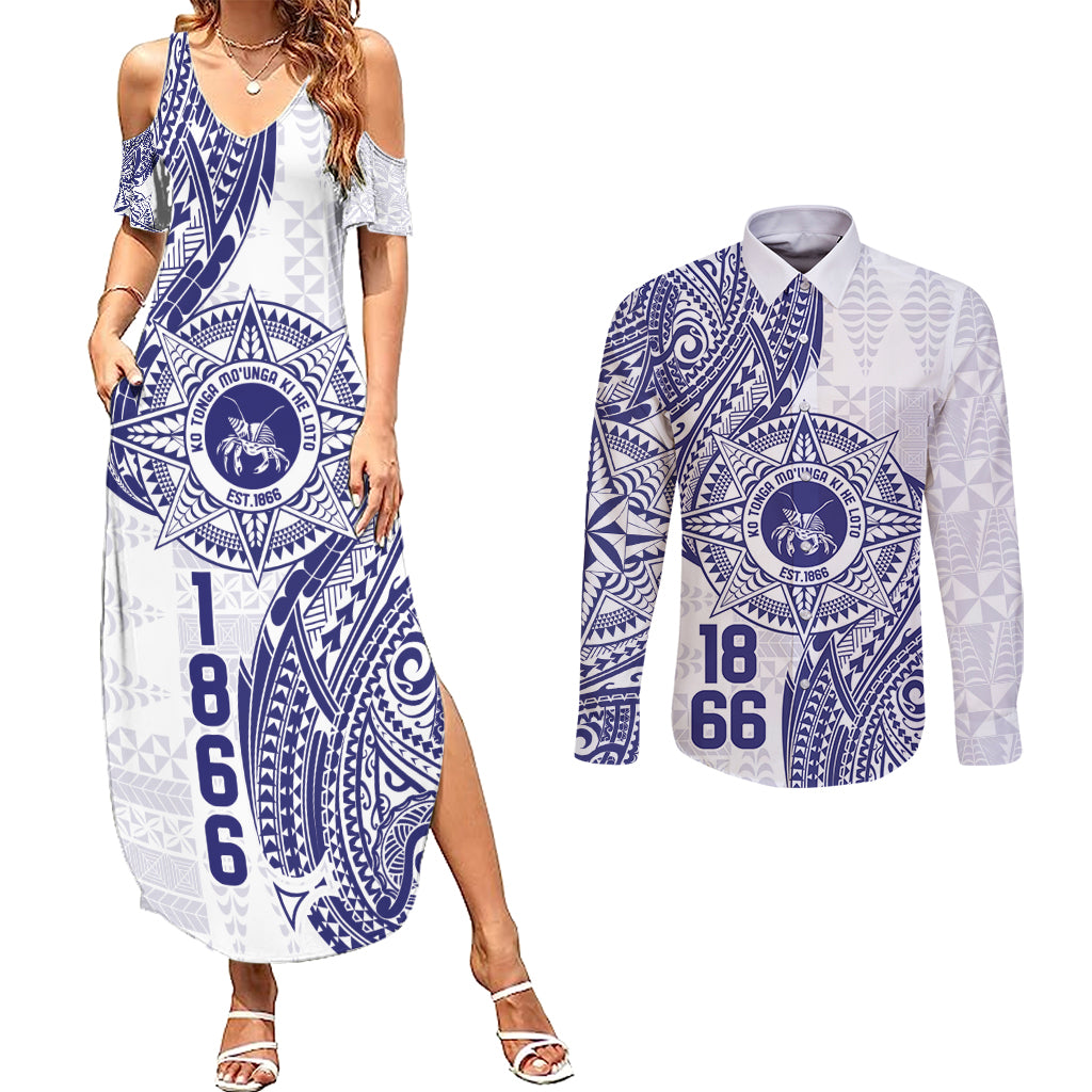 Personalised Tonga Tupou College Tolo Couples Matching Summer Maxi Dress and Long Sleeve Button Shirt Since 1866 Special Kupesi Pattern LT9 White - Polynesian Pride
