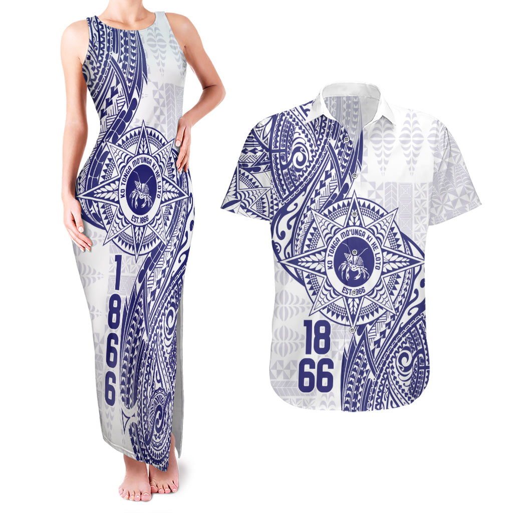 Personalised Tonga Tupou College Tolo Couples Matching Tank Maxi Dress and Hawaiian Shirt Since 1866 Special Kupesi Pattern LT9 White - Polynesian Pride