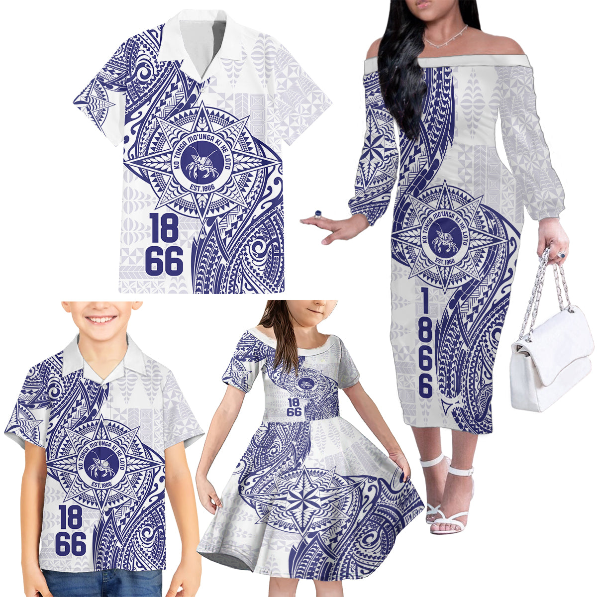 Personalised Tonga Tupou College Tolo Family Matching Off The Shoulder Long Sleeve Dress and Hawaiian Shirt Since 1866 Special Kupesi Pattern LT9 - Polynesian Pride