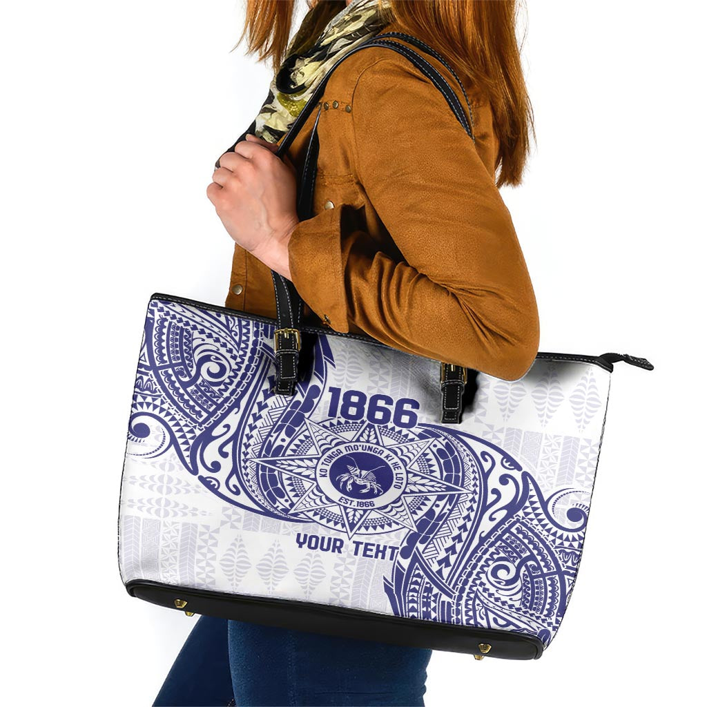 Personalised Tonga Tupou College Tolo Leather Tote Bag Since 1866 Special Kupesi Pattern LT9 White - Polynesian Pride