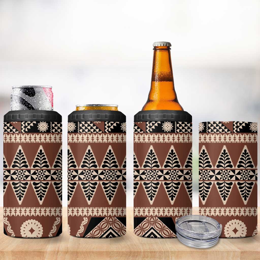 Vintage Bula Fiji 4 in 1 Can Cooler Tumbler Brown Tapa Masi Motif