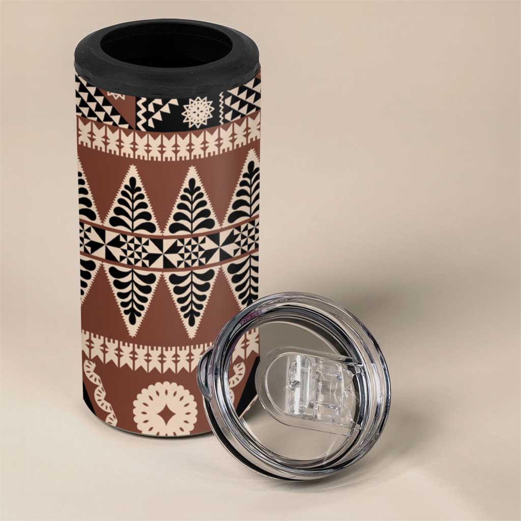 Vintage Bula Fiji 4 in 1 Can Cooler Tumbler Brown Tapa Masi Motif