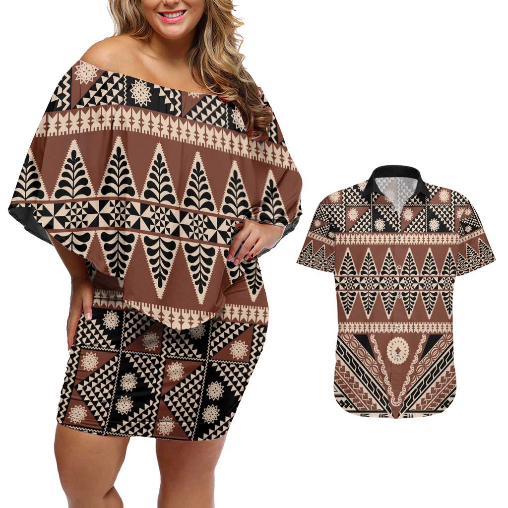 Vintage Bula Fiji Couples Matching Off Shoulder Short Dress and Hawaiian Shirt Brown Tapa Masi Motif
