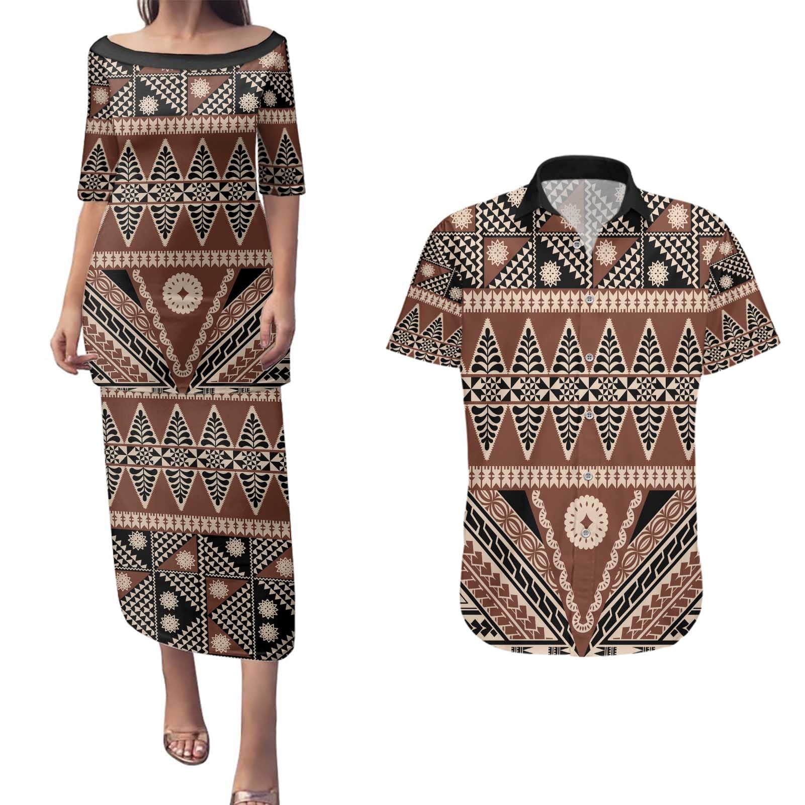 Vintage Bula Fiji Couples Matching Puletasi and Hawaiian Shirt Brown Tapa Masi Motif