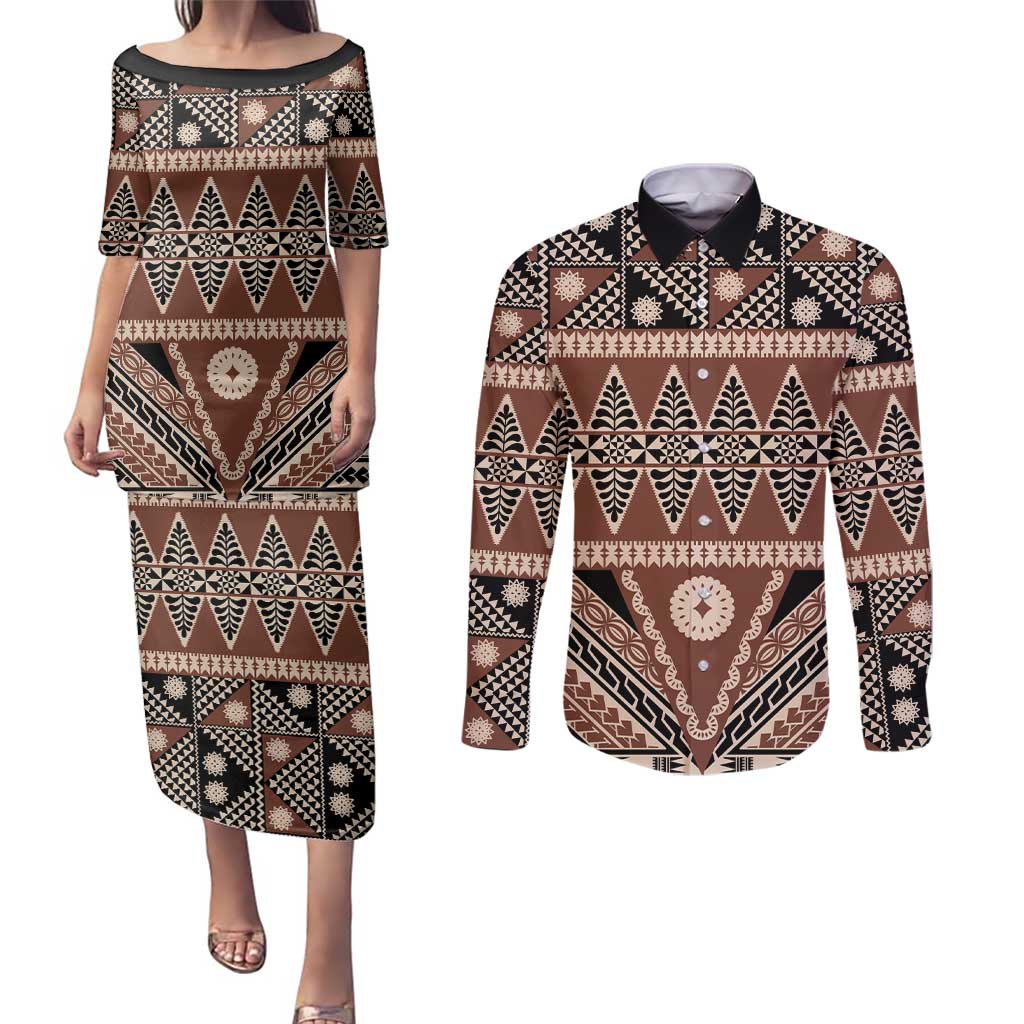 Vintage Bula Fiji Couples Matching Puletasi and Long Sleeve Button Shirt Brown Tapa Masi Motif