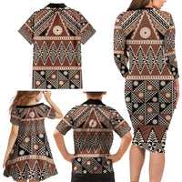 Vintage Bula Fiji Family Matching Long Sleeve Bodycon Dress and Hawaiian Shirt Brown Tapa Masi Motif