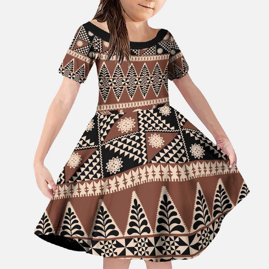 Vintage Bula Fiji Family Matching Off Shoulder Maxi Dress and Hawaiian Shirt Brown Tapa Masi Motif