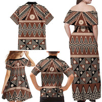 Vintage Bula Fiji Family Matching Off Shoulder Maxi Dress and Hawaiian Shirt Brown Tapa Masi Motif