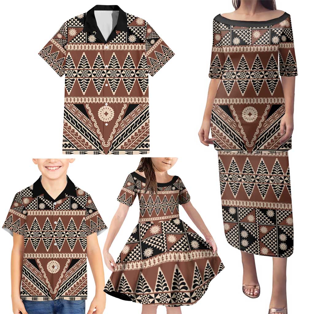 Vintage Bula Fiji Family Matching Puletasi and Hawaiian Shirt Brown Tapa Masi Motif