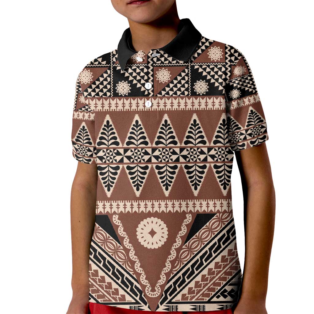 Vintage Bula Fiji Kid Polo Shirt Brown Tapa Masi Motif