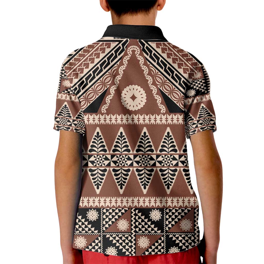 Vintage Bula Fiji Kid Polo Shirt Brown Tapa Masi Motif