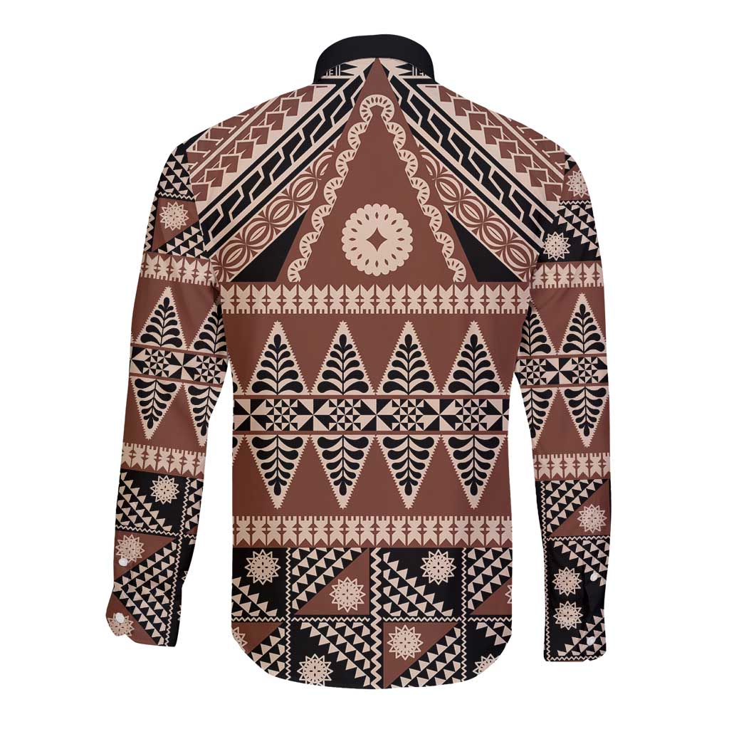 Vintage Bula Fiji Long Sleeve Button Shirt Brown Tapa Masi Motif