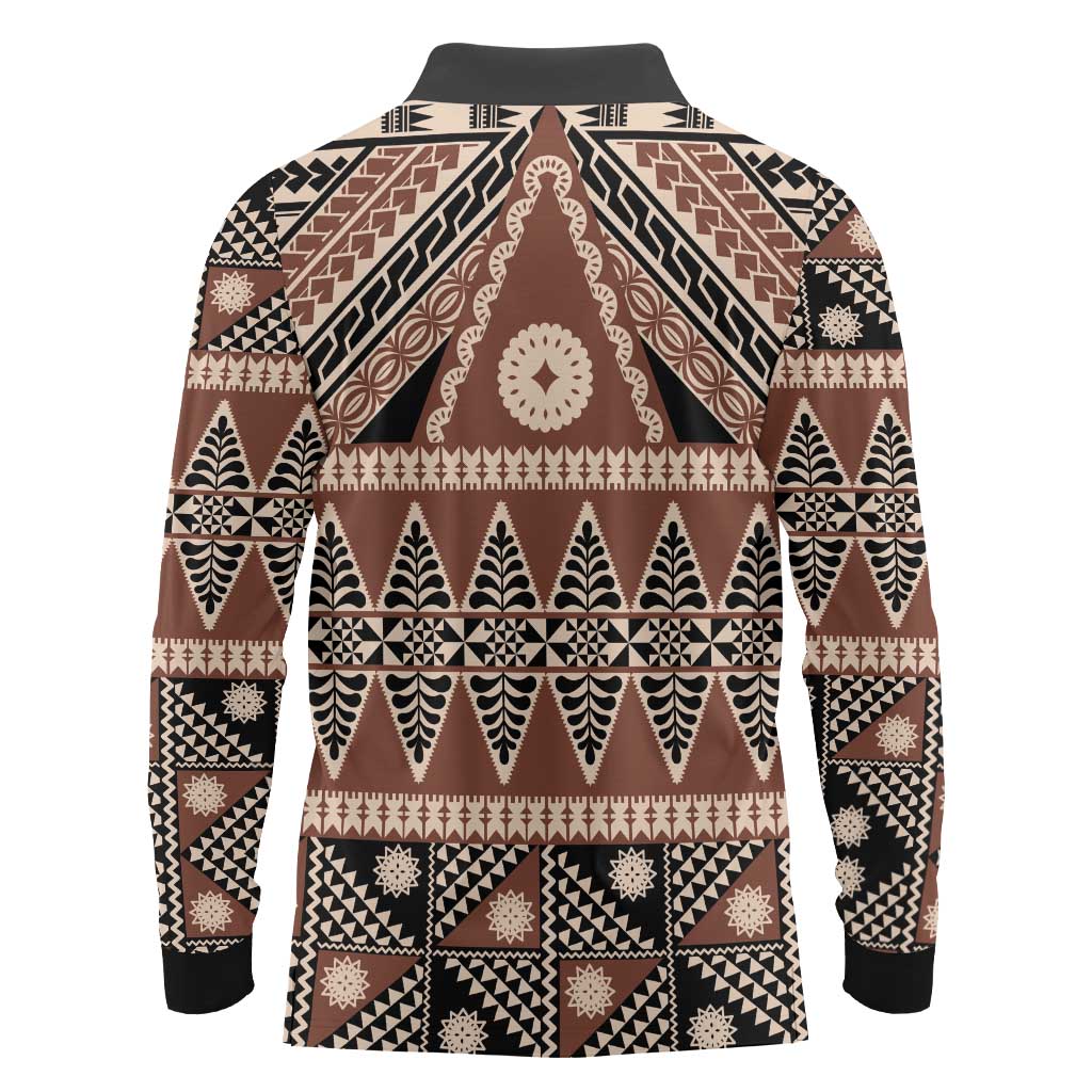 Vintage Bula Fiji Long Sleeve Polo Shirt Brown Tapa Masi Motif