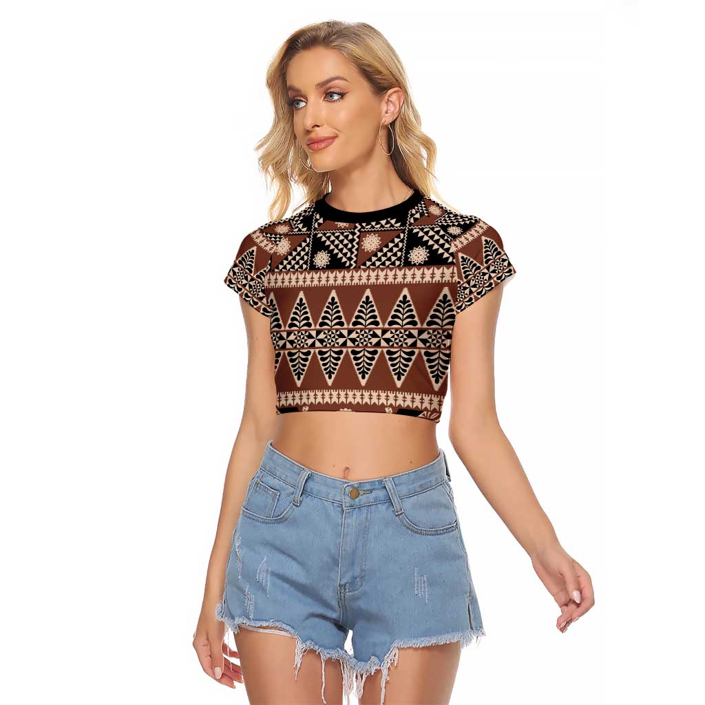 Vintage Bula Fiji Raglan Cropped T Shirt Brown Tapa Masi Motif