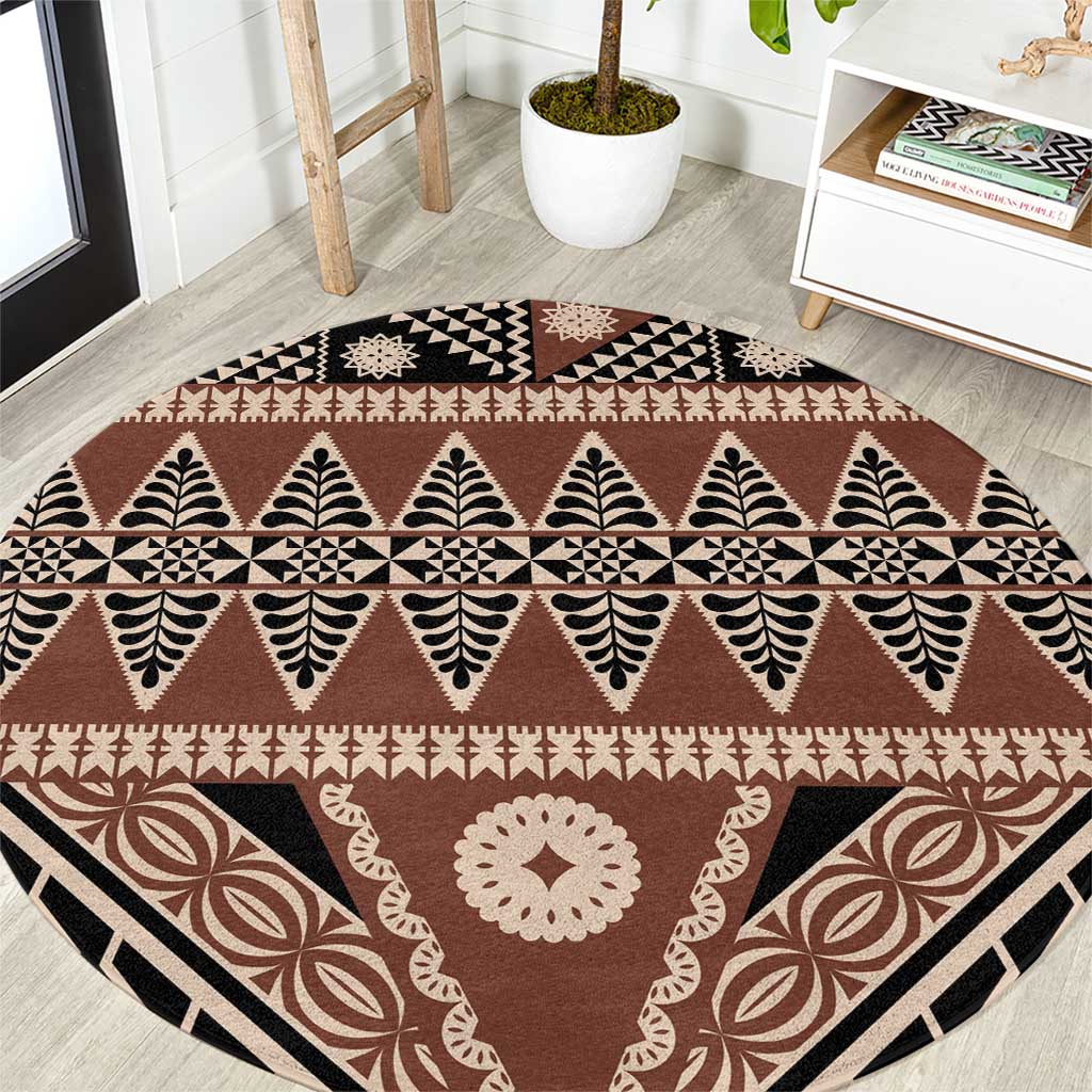 Vintage Bula Fiji Round Carpet Brown Tapa Masi Motif