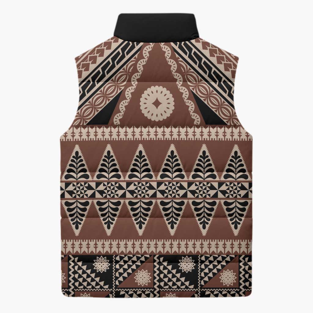 Vintage Bula Fiji Sleeveless Puffer Jacket Brown Tapa Masi Motif - Polynesian Pride
