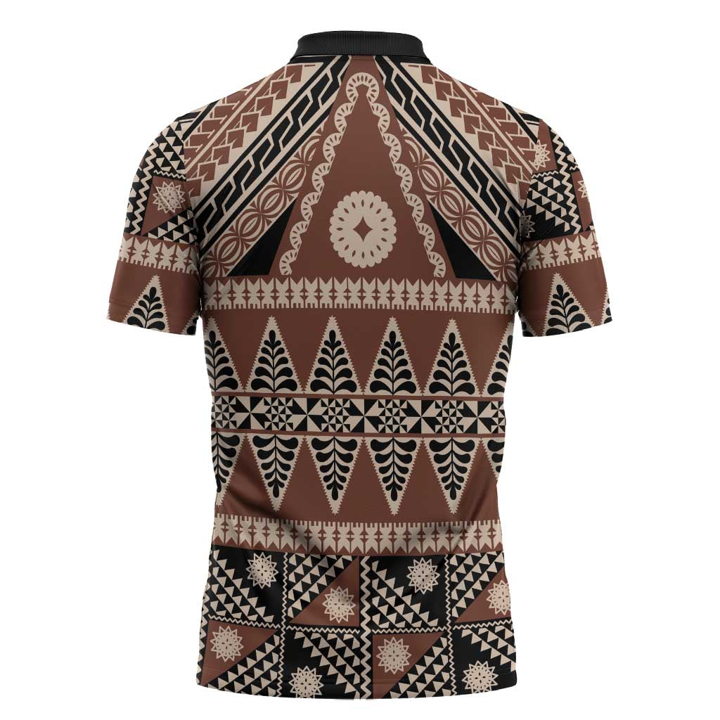 Vintage Bula Fiji Zipper Polo Shirt Brown Tapa Masi Motif - Polynesian Pride