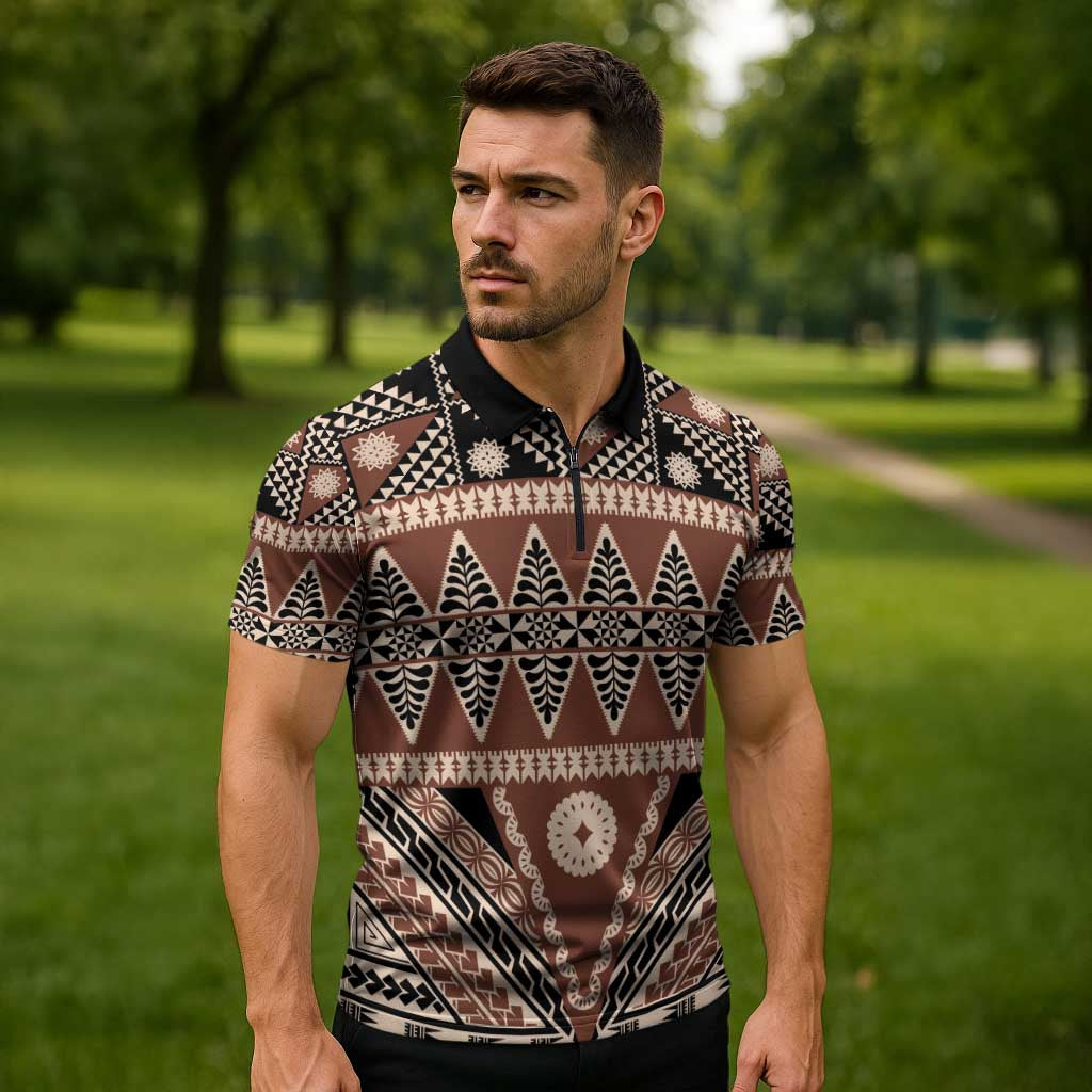 Vintage Bula Fiji Zipper Polo Shirt Brown Tapa Masi Motif - Polynesian Pride