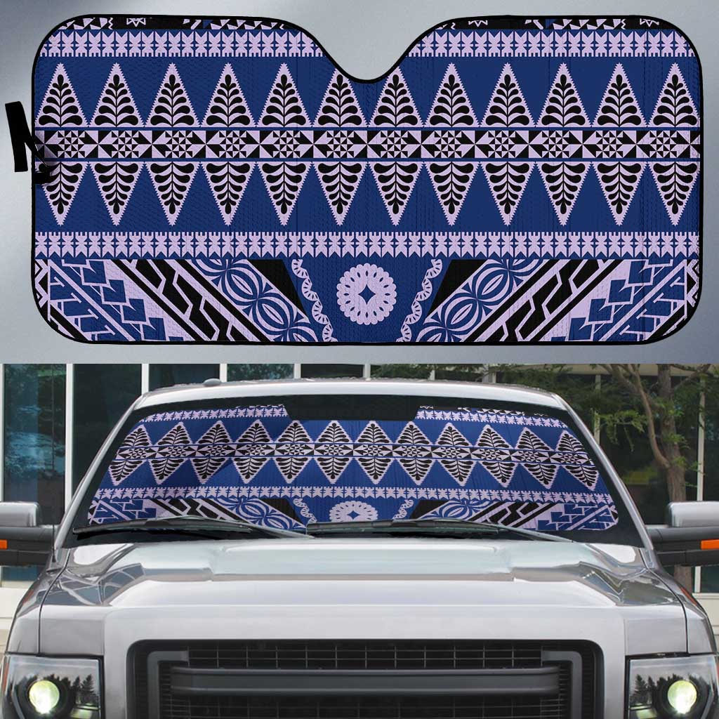 Vintage Bula Fiji Auto Sun Shade Prussian Blue Tapa Masi Motif - Polynesian Pride