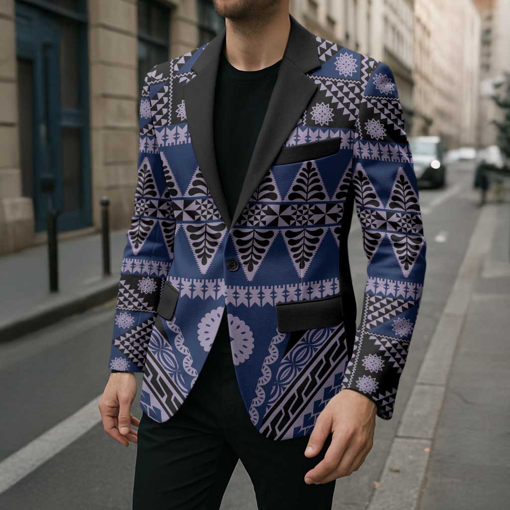 Vintage Bula Fiji Blazer Prussian Blue Tapa Masi Motif - Polynesian Pride