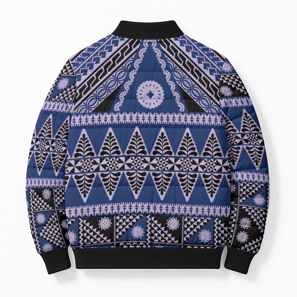 Vintage Bula Fiji Bomber Puffer Jacket Prussian Blue Tapa Masi Motif - Polynesian Pride