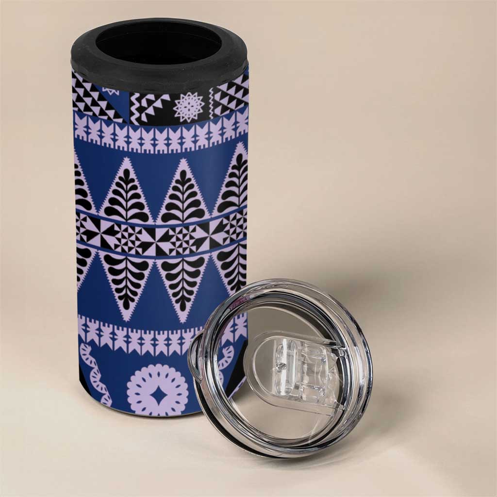 Vintage Bula Fiji 4 in 1 Can Cooler Tumbler Prussian Blue Tapa Masi Motif