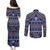 Vintage Bula Fiji Couples Matching Puletasi and Long Sleeve Button Shirt Prussian Blue Tapa Masi Motif