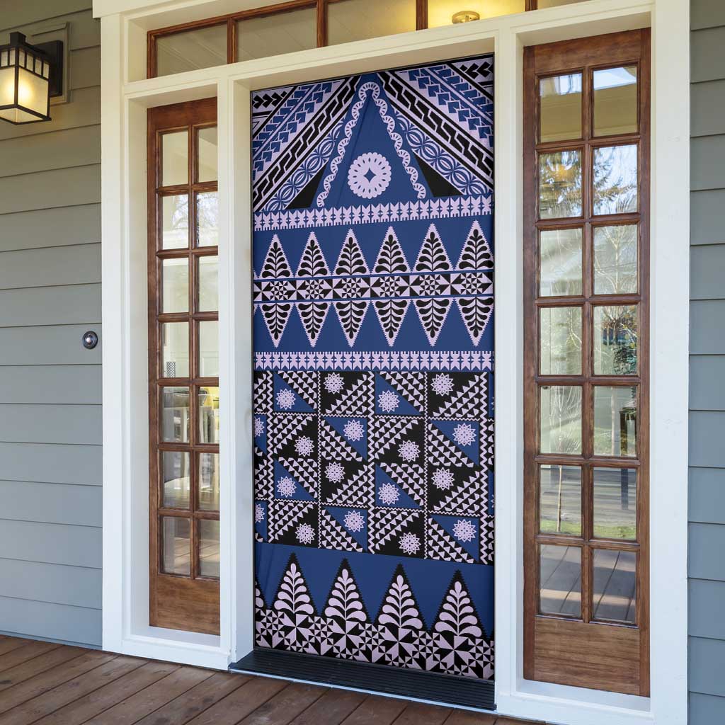 Vintage Bula Fiji Door Cover Prussian Blue Tapa Masi Motif - Polynesian Pride