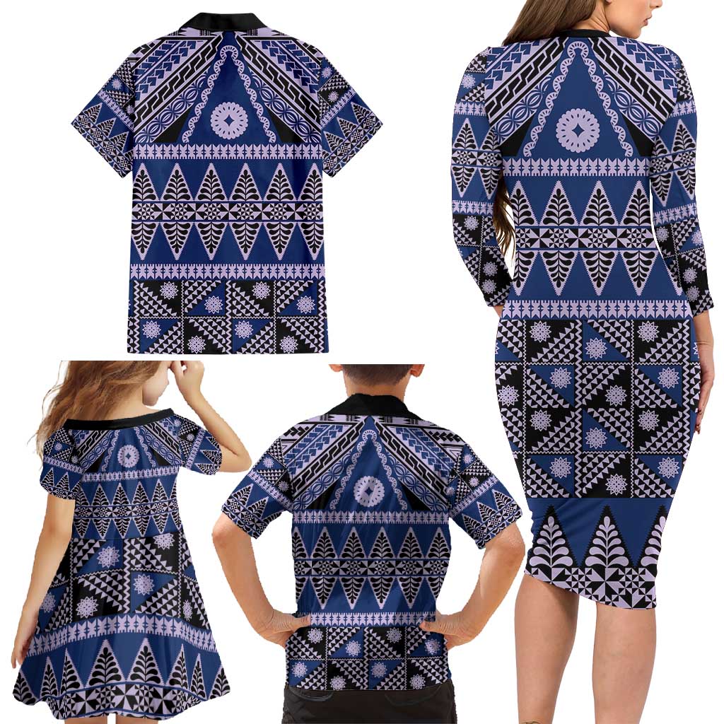 Vintage Bula Fiji Family Matching Long Sleeve Bodycon Dress and Hawaiian Shirt Prussian Blue Tapa Masi Motif