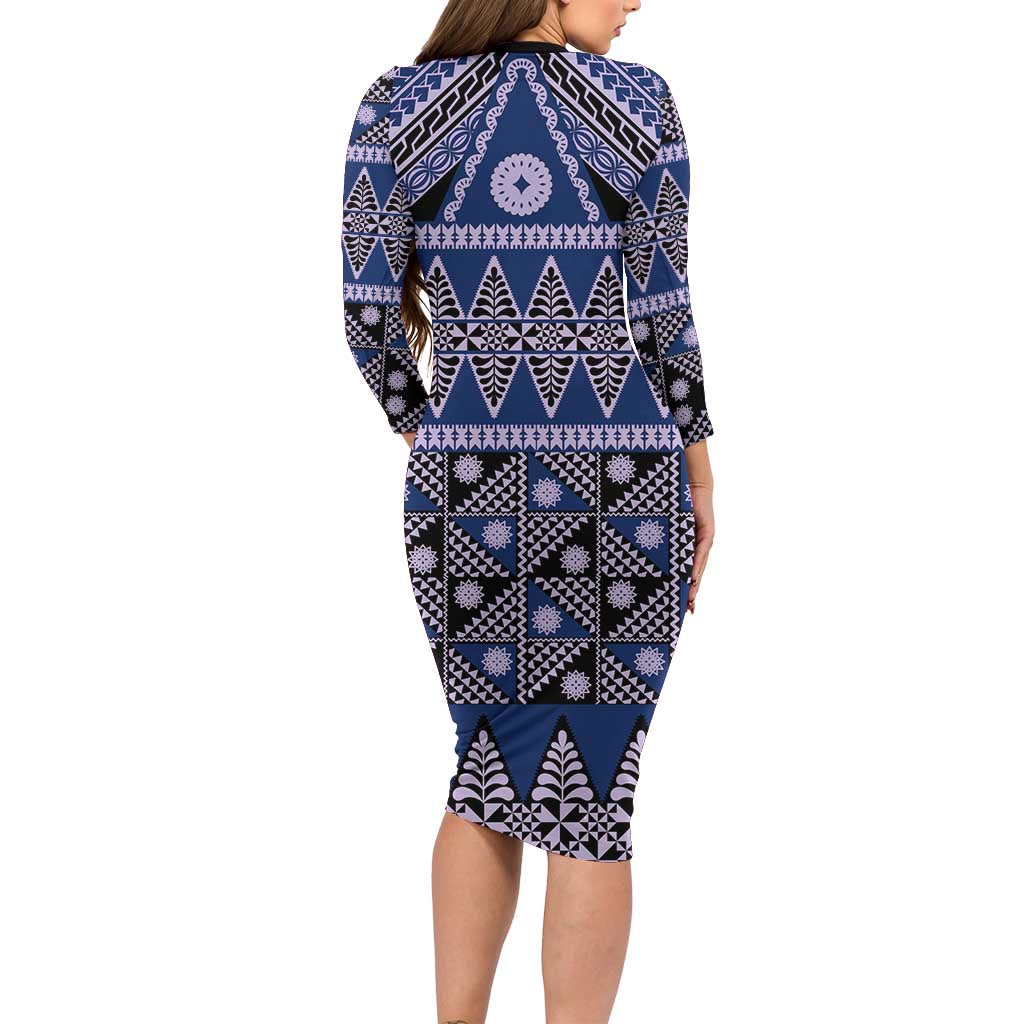 Vintage Bula Fiji Family Matching Long Sleeve Bodycon Dress and Hawaiian Shirt Prussian Blue Tapa Masi Motif