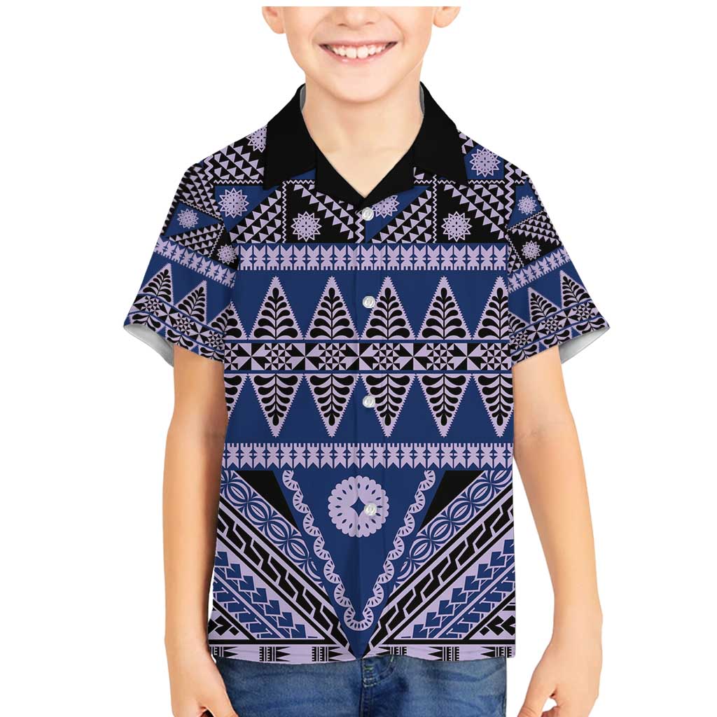 Vintage Bula Fiji Family Matching Mermaid Dress and Hawaiian Shirt Prussian Blue Tapa Masi Motif