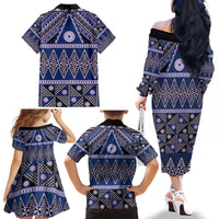 Vintage Bula Fiji Family Matching Off The Shoulder Long Sleeve Dress and Hawaiian Shirt Prussian Blue Tapa Masi Motif