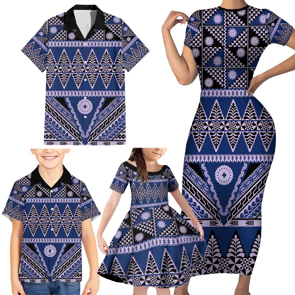 Vintage Bula Fiji Family Matching Short Sleeve Bodycon Dress and Hawaiian Shirt Prussian Blue Tapa Masi Motif