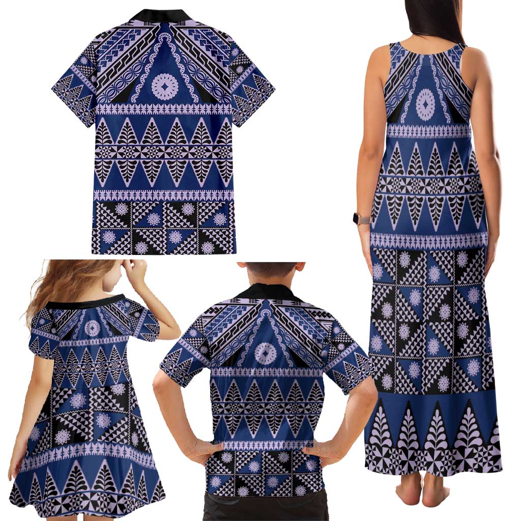 Vintage Bula Fiji Family Matching Tank Maxi Dress and Hawaiian Shirt Prussian Blue Tapa Masi Motif