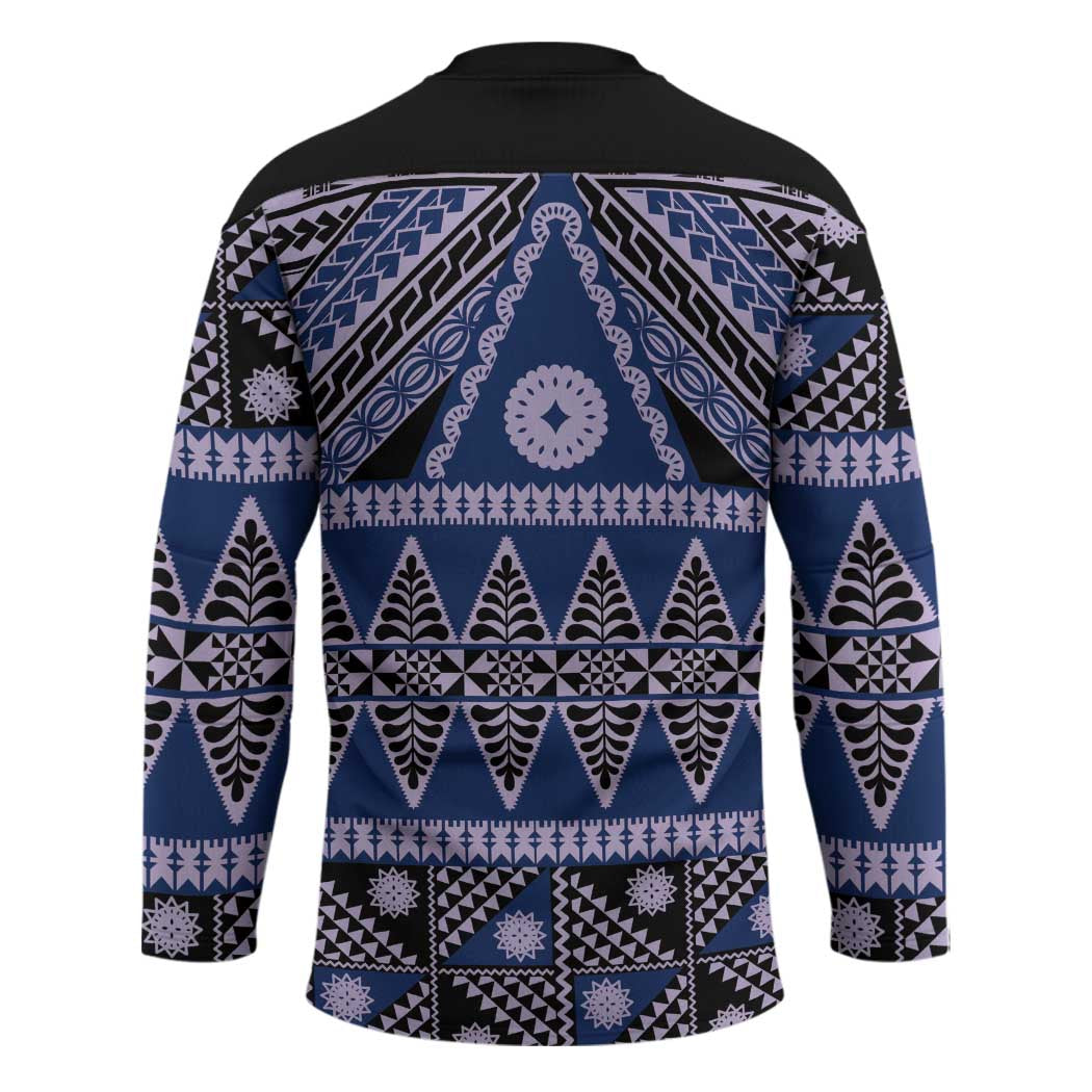 Vintage Bula Fiji Hockey Jersey Prussian Blue Tapa Masi Motif - Polynesian Pride