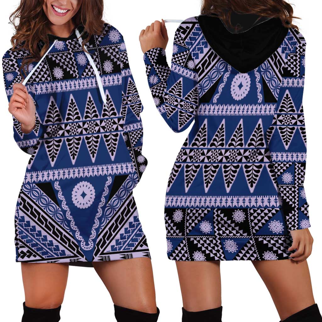 Vintage Bula Fiji Hoodie Dress Prussian Blue Tapa Masi Motif