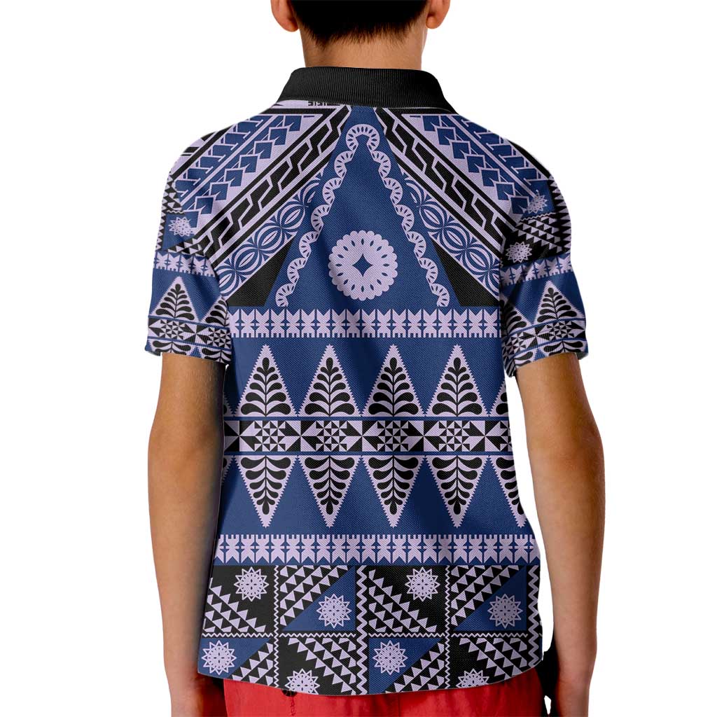 Vintage Bula Fiji Kid Polo Shirt Prussian Blue Tapa Masi Motif