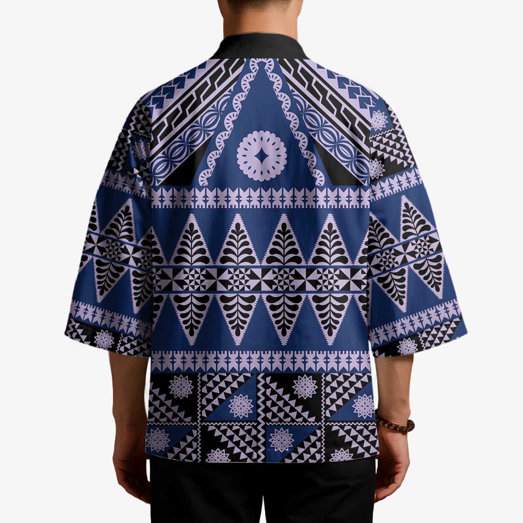 Vintage Bula Fiji Kimono Prussian Blue Tapa Masi Motif - Polynesian Pride