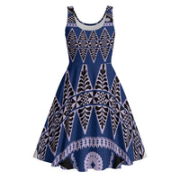 Vintage Bula Fiji Midi Dress Prussian Blue Tapa Masi Motif - Polynesian Pride