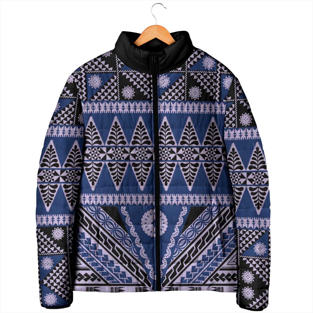 Vintage Bula Fiji Padded Jacket Prussian Blue Tapa Masi Motif - Polynesian Pride