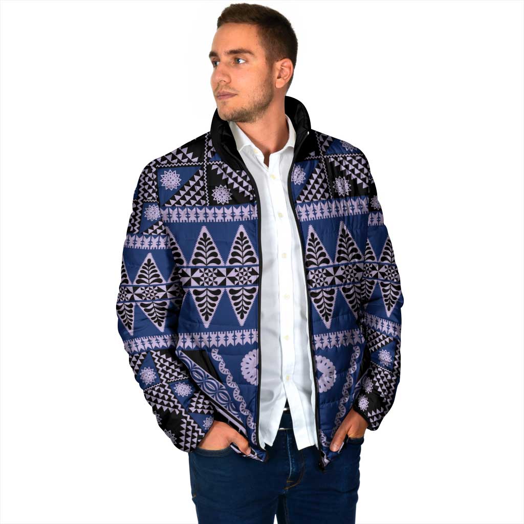 Vintage Bula Fiji Padded Jacket Prussian Blue Tapa Masi Motif - Polynesian Pride