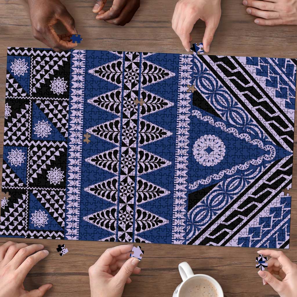 Vintage Bula Fiji Puzzle Prussian Blue Tapa Masi Motif - Polynesian Pride
